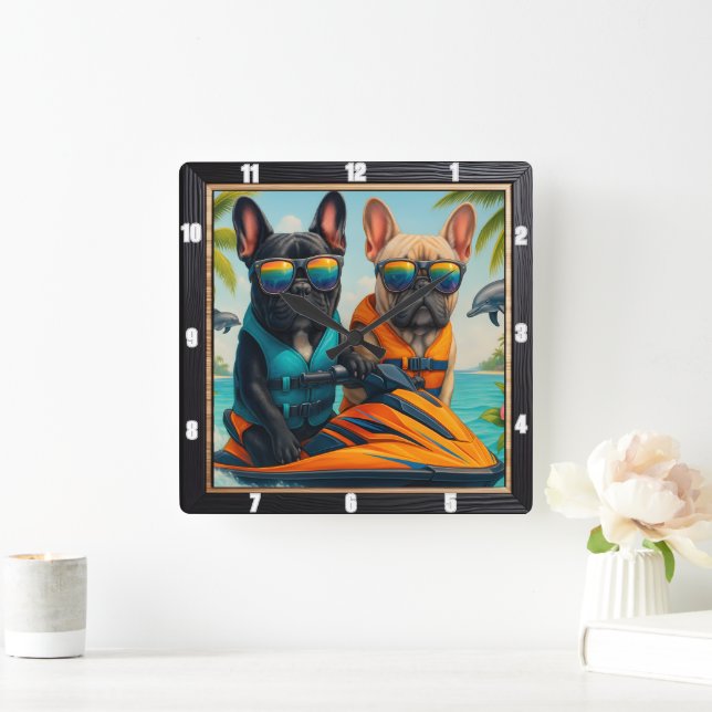 French Bulldogs Jet Ski Fun  Square Wall Clock (Home)