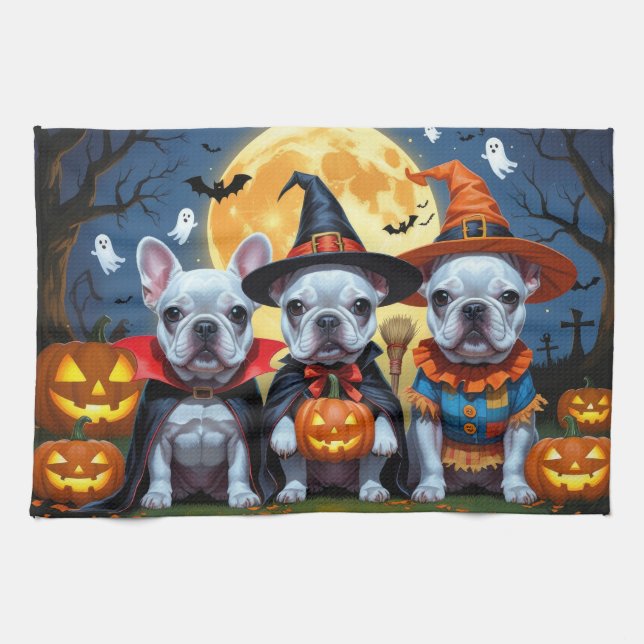 French Bulldogs Pumpkin Halloween Funny  Tea Towel (Horizontal)