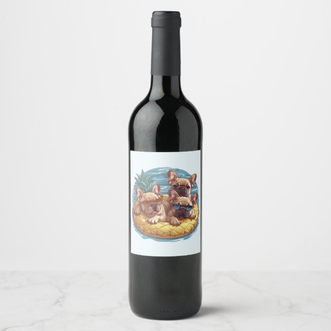 French Bulldogs Summer Pineapple Pool Float Wine Label (Front)