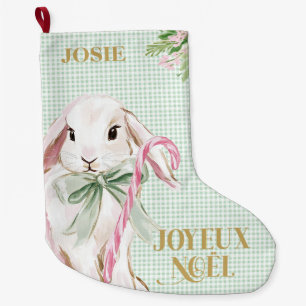 French Bunny & Green Gingham Joyeux Noël Large Christmas Stocking