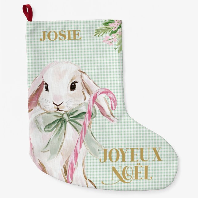 French Bunny & Green Gingham Joyeux Noël Large Christmas Stocking (Front)