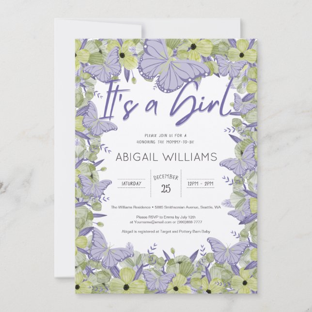 French Butterfly & Flower Cute Girl Baby Shower Invitation (Front)