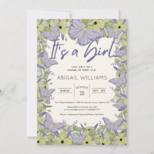 French Butterfly & Flower Cute Girl Baby Shower Invitation