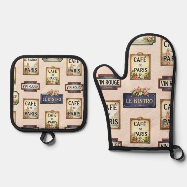 French Café Signage by Natasha Us   Oven Mitt & Pot Holder Set (Front)