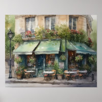 French Cafe Watercolor Landscape Art Print Poster