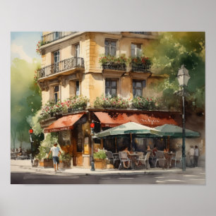 French Cafe Watercolor Landscape Art Print Poster