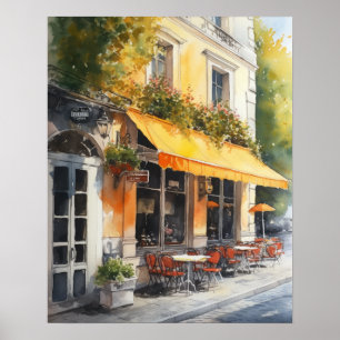 French Cafe Watercolor Landscape Art Print Poster