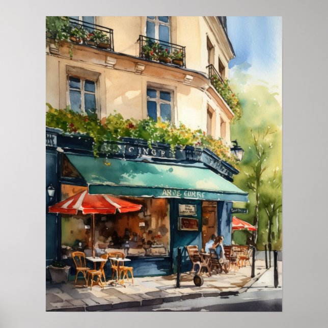French Cafe Watercolor Landscape Art Print Poster (Front)
