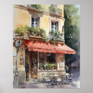 French Cafe Watercolor Landscape Art Print Poster