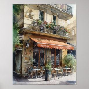 French Cafe Watercolor Landscape Art Print Poster