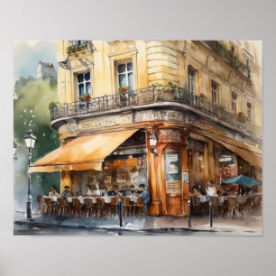 French Cafe Watercolor Landscape Art Print Poster