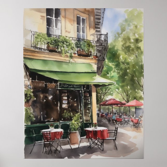 French Cafe Watercolor Landscape Art Print Poster (Front)