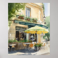 French Cafe Watercolor Landscape Art Print Poster