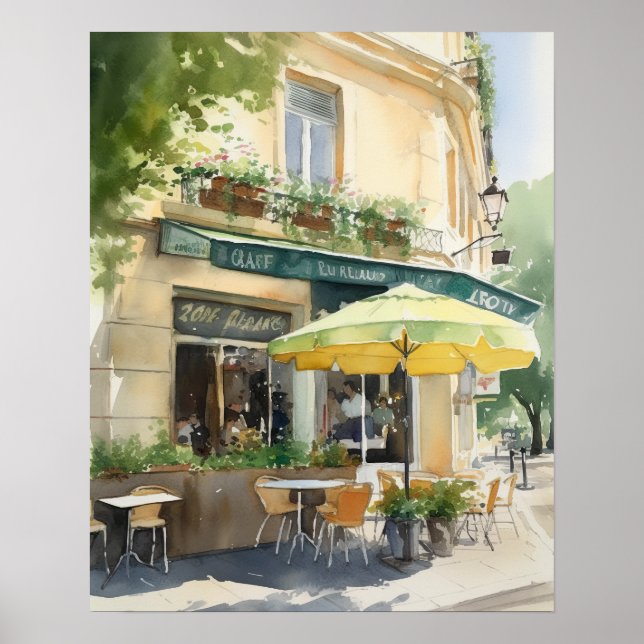 French Cafe Watercolor Landscape Art Print Poster (Front)
