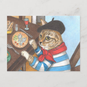 French Cat enjoying a delicious fish dinner Postcard