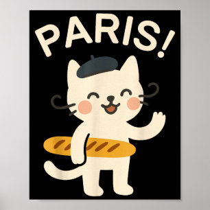 French Cat With Baguette Cute Cat Paris Funny Anim Poster