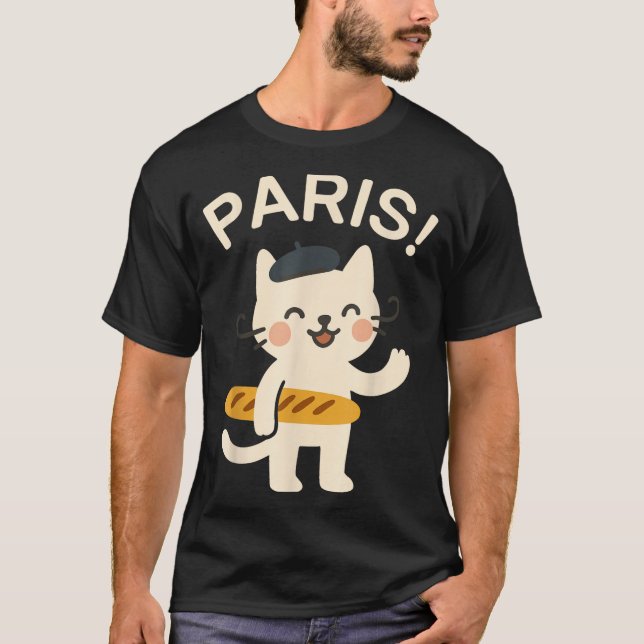 French Cat With Baguette Cute Cat Paris Funny Anim T-Shirt (Front)