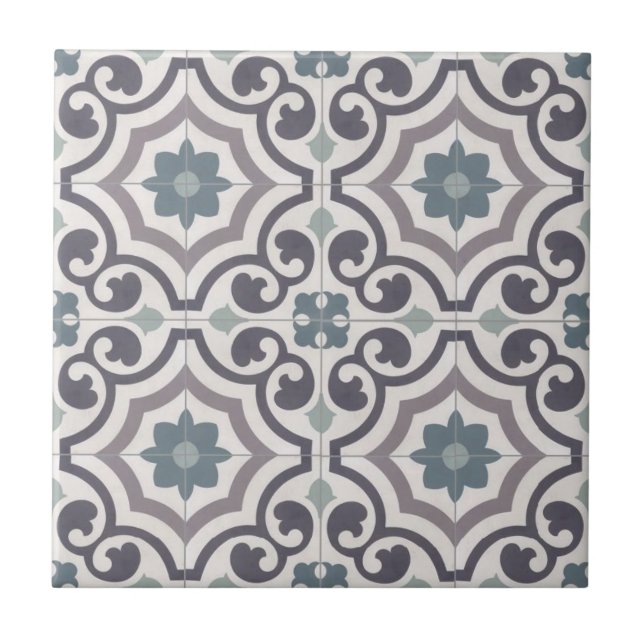 French Ceramic Tile - White, Blue & Grey Tile (Front)