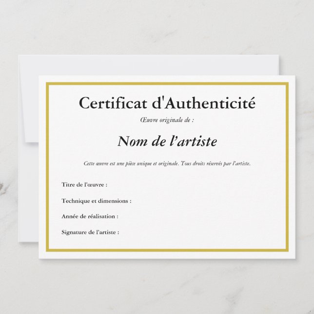 French Certificate of Authenticity for Art Invitation (Front)