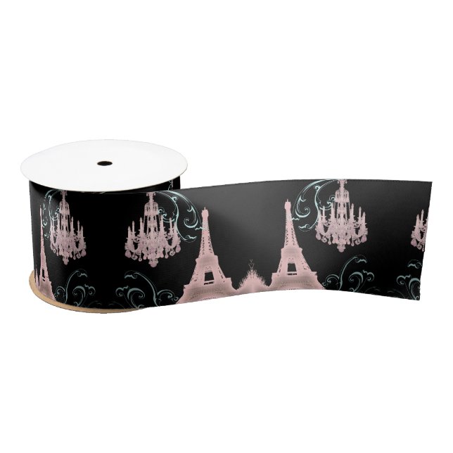 French Chandelier Black Pink Paris Eiffel Tower  Satin Ribbon (Spool)