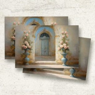 French Chateau Courtyard Blue Pink Floral Roses Tissue Paper