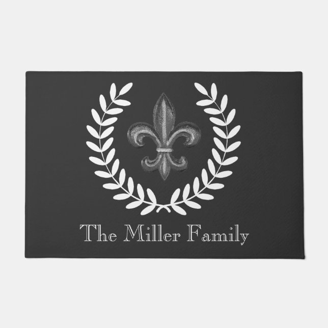 French Chateau Silver Fleur De Lis & White Laurels Doormat (Front)