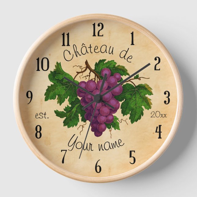 French Chateau with Grapes Vintage Personalised Clock (Front)