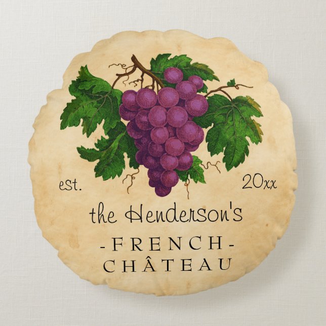 French Chateau with Grapes Vintage Personalised Round Cushion (Front)