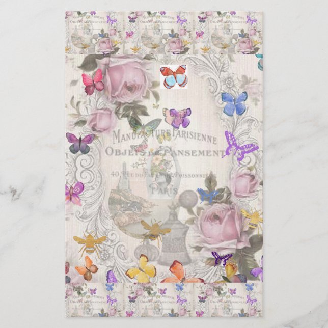 French chic,country rustic,floral pattern,roses,re stationery (Front)