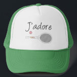 French Chic J'adore Tennis Player Design    Trucker Hat<br><div class="desc">I love tennis design in chic french language, with white retro tennis racket. Personalized classic chic, preppy & elegant tennis design gift for tennis player. Simple, minimalist gift for your tennis coach or tennis team. Personalized Gift for a tennis player. J'adore tennis illustration. Trendy tennis players tournament pastel aesthetic home...</div>