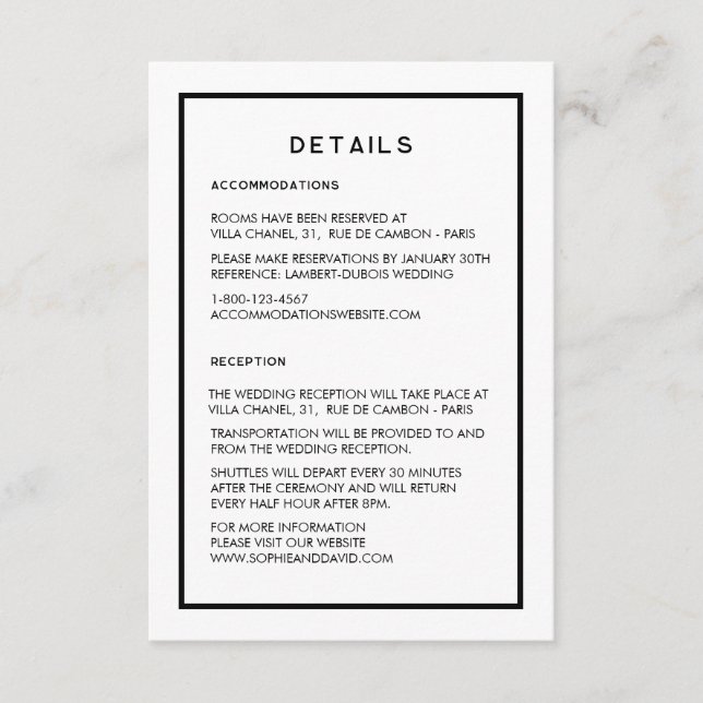 French Chic Minimal Black & White Wedding Details Enclosure Card (Front)