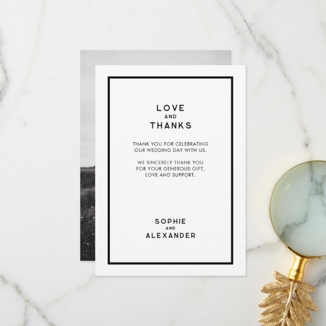 French Chic Minimal Black & White Wedding Photo Thank You Card (Front/Back In Situ)