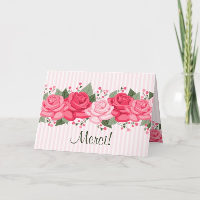 French Chic Pink Roses and Stripes Note Card (Front)