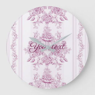French chic,pink,toile,floral,pattern,victorian,Fl Large Clock