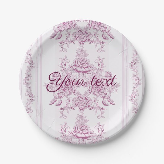 French chic,pink,toile,floral,pattern,victorian,Fl Paper Plate (Front)