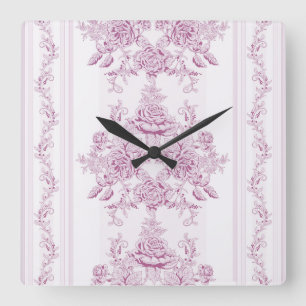 French chic,pink,toile,floral,pattern,victorian,Fl Square Wall Clock