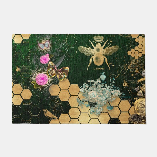 French chic, victorian,bee,floral,gold foil, belle doormat (Front)