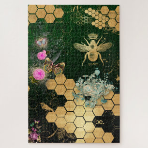 French chic, victorian,bee,floral,gold foil, belle jigsaw puzzle