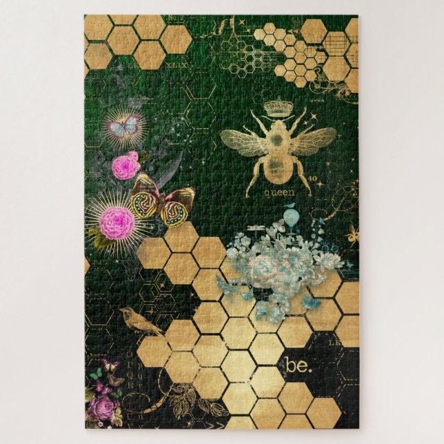 French chic, victorian,bee,floral,gold foil, belle jigsaw puzzle (Vertical)