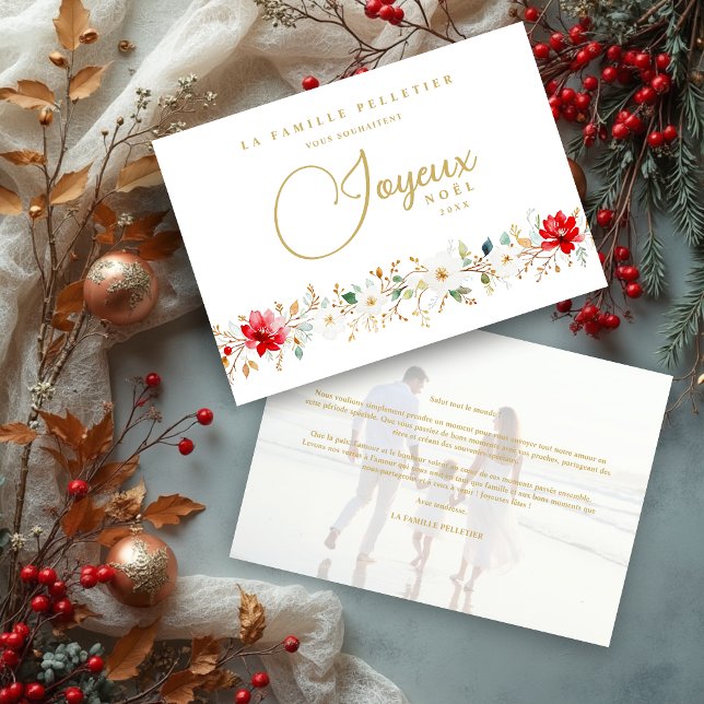 French Chic Xmas Floral Border Joyeux Nöel Photo Holiday Card (French Exquisite Christmas Floral Border Joyeux Noël Holiday Cards with Soft Overlay Photo.)