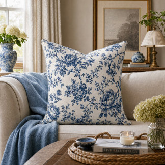 French chinoiserie blue toil de jouy floral Cushion