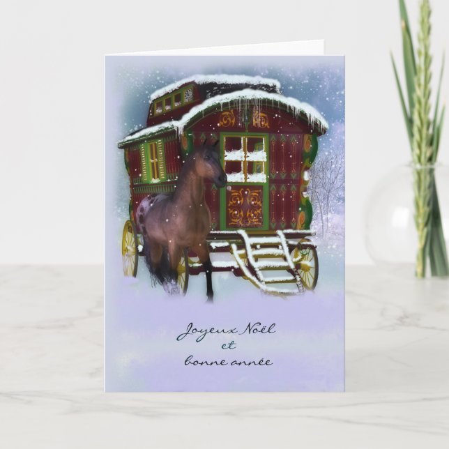 French Christmas Card - Horse And Old Caravan - Jo (Front)