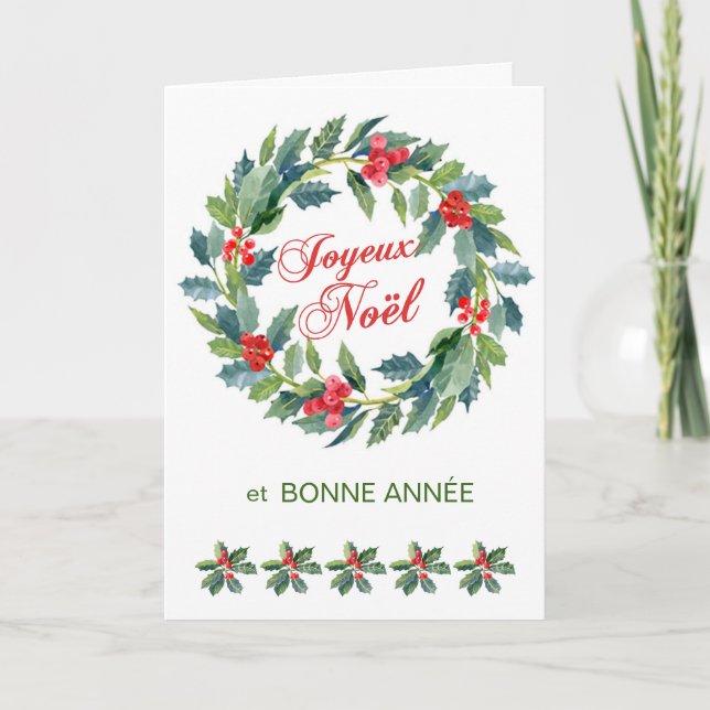 French Christmas, holly wreath Holiday Card (Front)