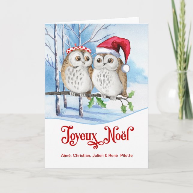 French Christmas Joyeux Noel Woodland Owls Holiday Card (Front)