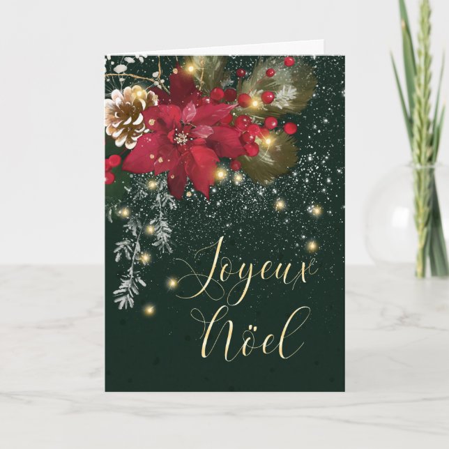 French Christmas Poinsettia Pine Holly Garland Holiday Card (Front)