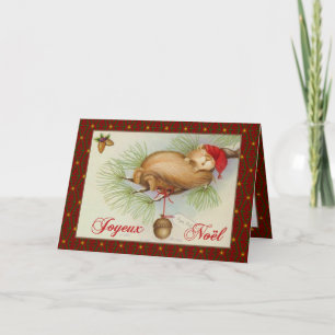 French Christmas, Vintage Squirrel, pine and acorn Holiday Card