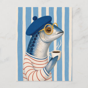 French Coastal Greeting Chic Sardine Coffee Iover Postcard