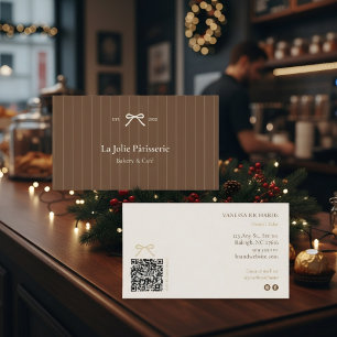 French Cocoa Cream Pinstripe QR Code Bakery  Business Card