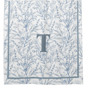 French Cottage Blue White Floral Monogram Shower Curtain