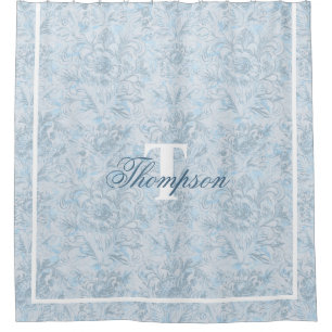 French Cottage Dusty Blue Floral Monogram Shower Curtain